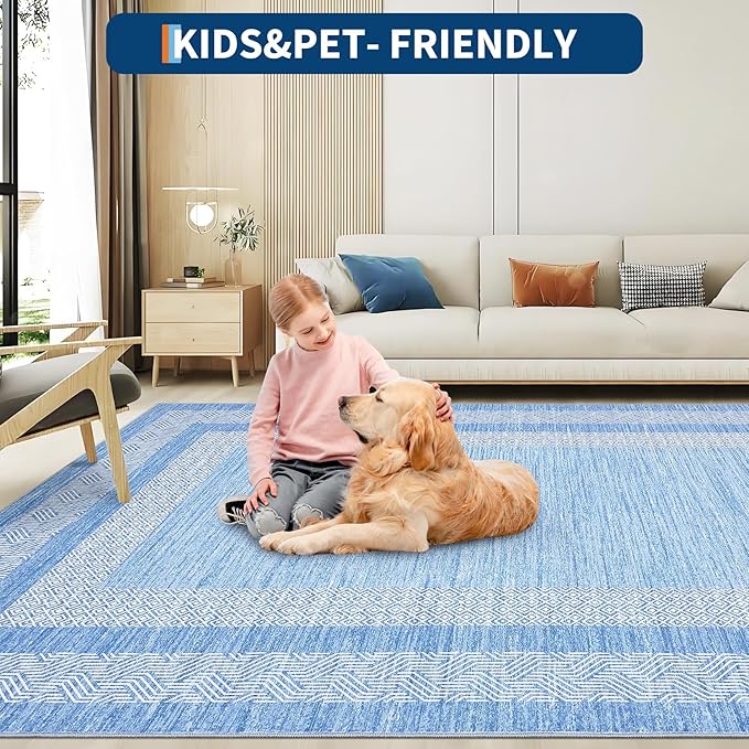GarveeHome Modern Geometric Area Rug 5x7 Distressed Bordered Washable Non Slip Floor Carpet Non Shedding Thin Rug, Soft Low Pile Contemporary Light Blue Carpet for Dining Room, Living Room