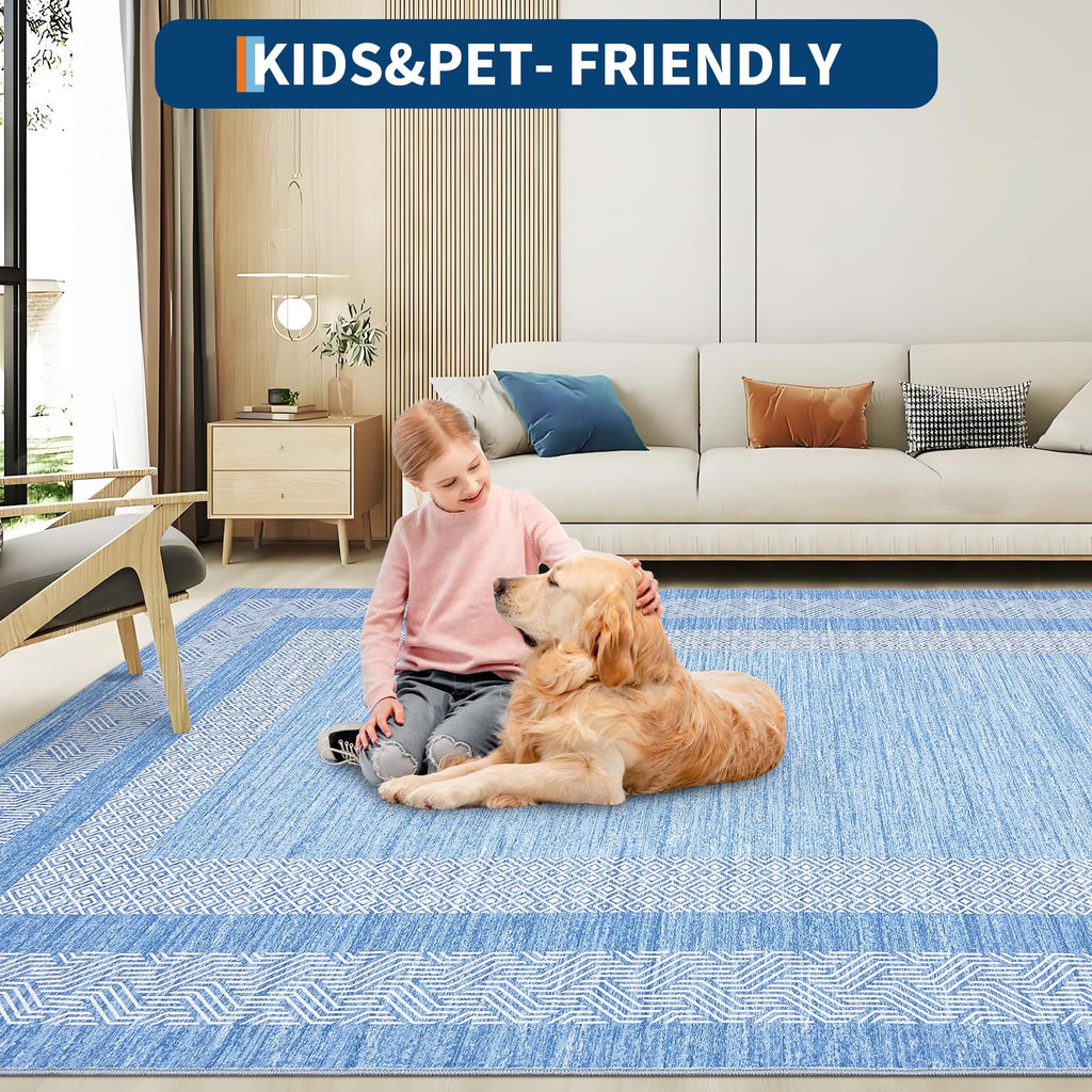 GarveeHome Modern Geometric Area Rug 5x7 Distressed Bordered Washable Non Slip Floor Carpet Non Shedding Thin Rug, Soft Low Pile Contemporary Light Blue Carpet for Dining Room, Living Room
