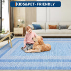 GarveeHome Modern Geometric Area Rug 5x7 Distressed Bordered Washable Non Slip Floor Carpet Non Shedding Thin Rug, Soft Low Pile Contemporary Light Blue Carpet for Dining Room, Living Room