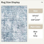 Soalmost Area Rug 10x12 Vintage Washable Living Room Large Carpet Non Slip Bedroom Indoor Office Dining Room Low Pile Thin Rug Blue/Grey