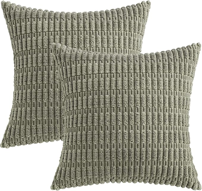 MIULEE Corduroy Decorative Throw Pillow Covers 18x18 Light Olive Pack of 2