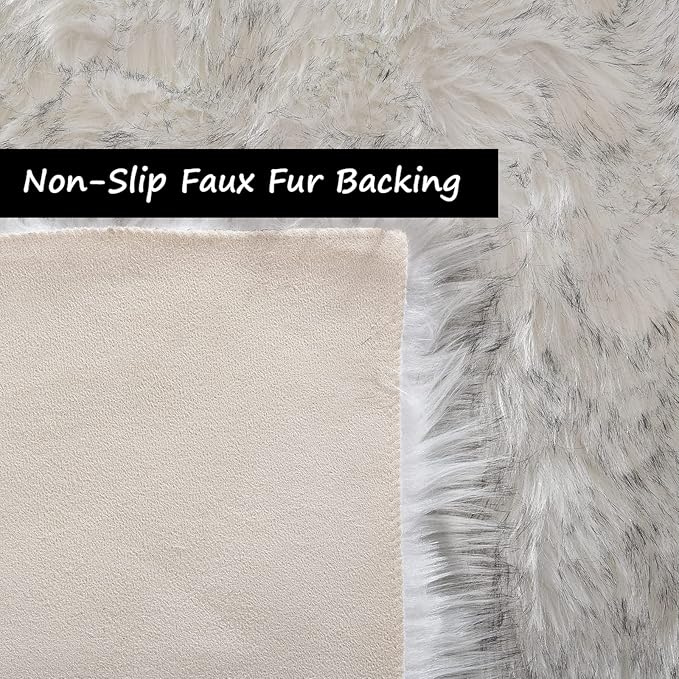 Goolela Sheepskin Area Rug 10x12 Fluffy Fuzzy Faux Fur Carpet for Living Room Bedroom Furry Shaggy Plush Washable Rectangle - White with Grey Tips