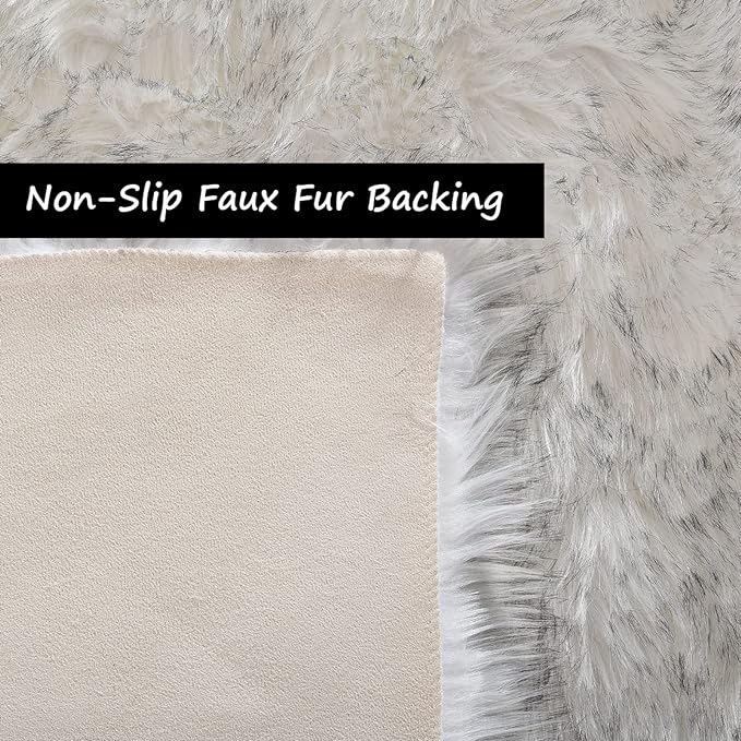 Goolela Round Sheepskin Rugs 4ft Circle Fluffy Faux Fur Rug Shaggy Rug for Bedroom Dorm Living Room Plush Shag - White with Grey Tips