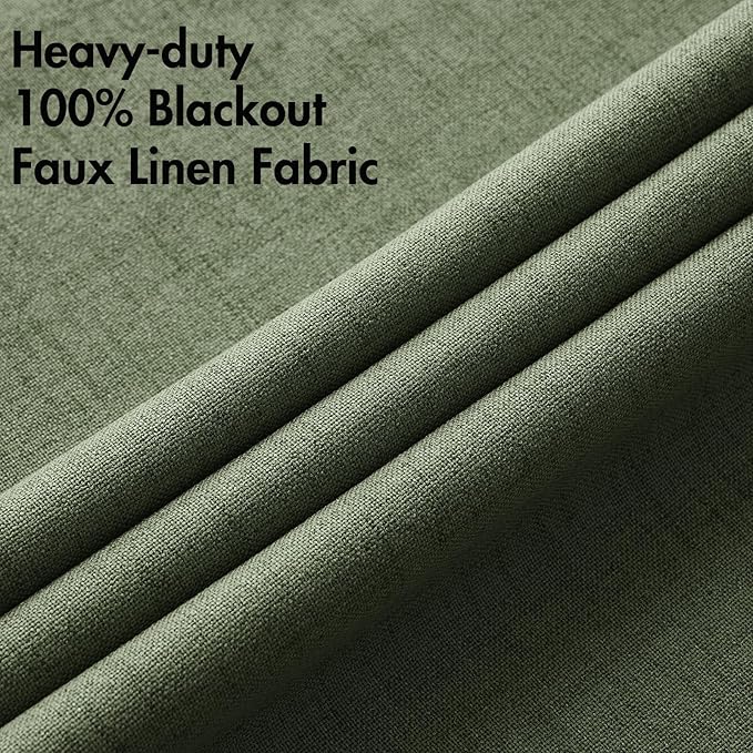 MIULEE 100% Blackout Linen Textured Curtains for Bedroom Solid Thermal Insulated Olive Green Grommet Room Darkening Curtains & Drapes Luxury Decor for Living Room Nursery 52 x 63 Inch (2 Panels)