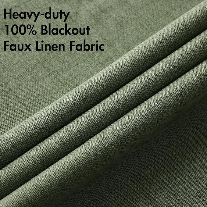 MIULEE 100% Blackout Linen Textured Curtains for Bedroom Solid Thermal Insulated Olive Green Grommet Room Darkening Curtains & Drapes Luxury Decor for Living Room Nursery 52 x 84 Inch (2 Panels)