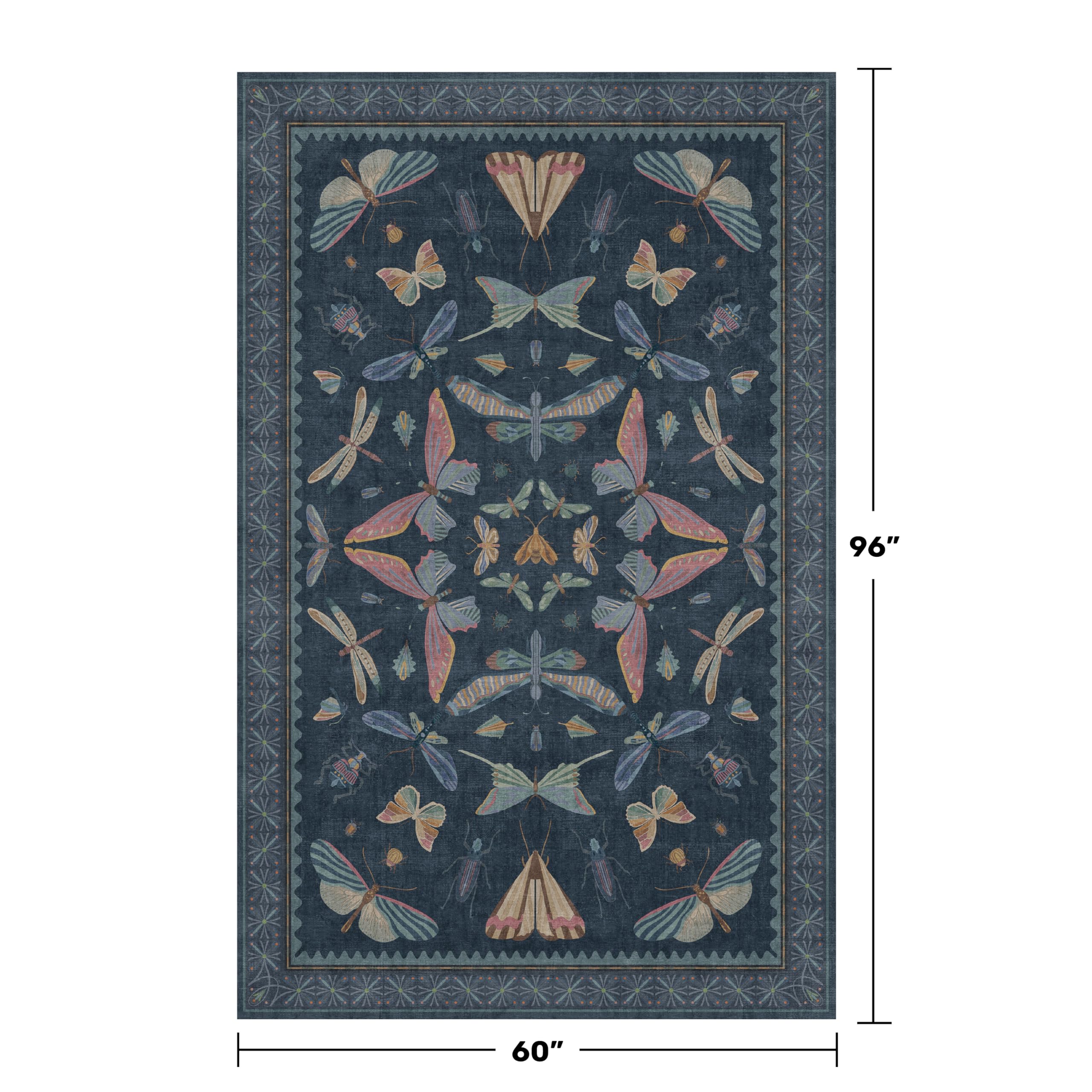 Blue 5x8 Washable Living Room Rugs - Stain Resistant Non Slip Insect Rug for Dining Room, Low Pile & Soft Carpet for Bedroom, Dark Vintage Décor Indoor, Non Skid with Rubber Backing