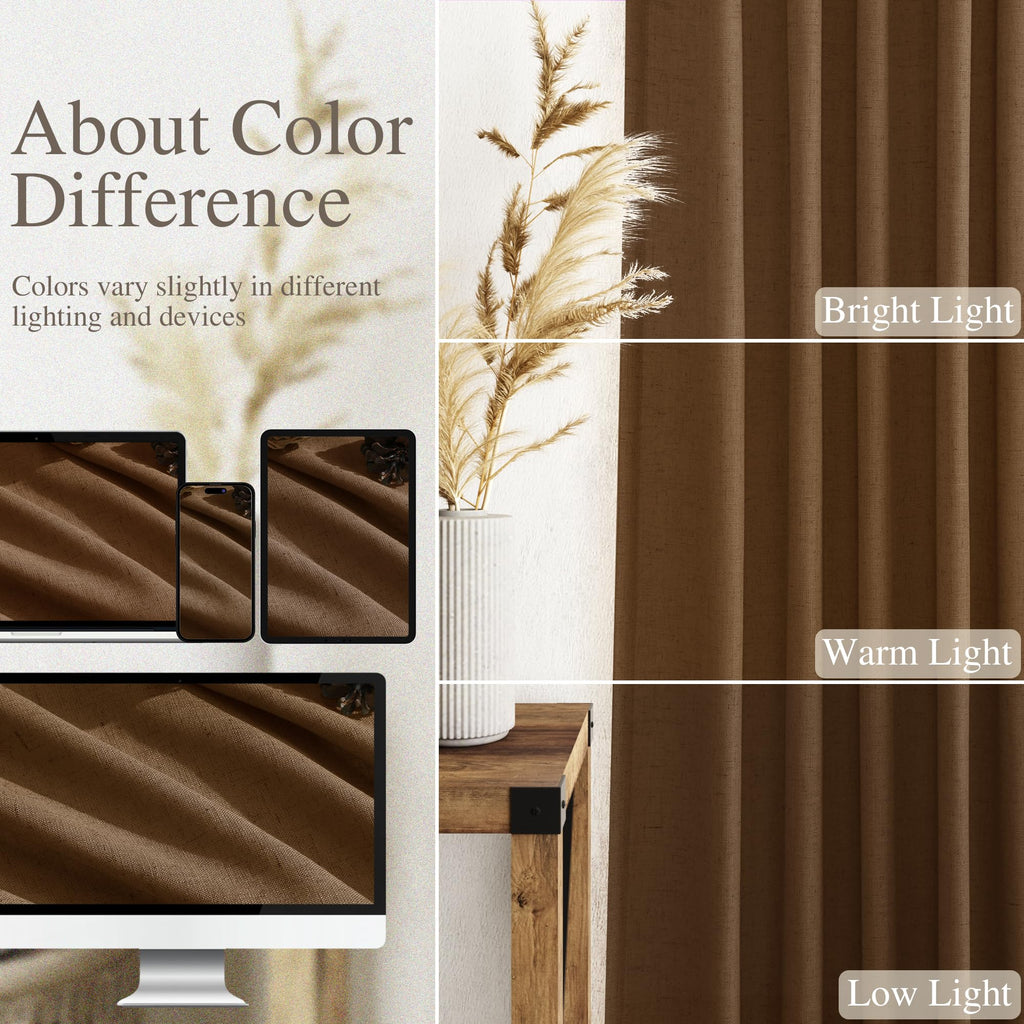 Tobacco Brown Linen Curtains 102 Inches Rod Pocket Back Tab Drapes 2 Panels Set for Living Room Bedroom Light Filtering Semi Sheer Tobacco Brown Curtain 102 Length for Patio Door 52x102