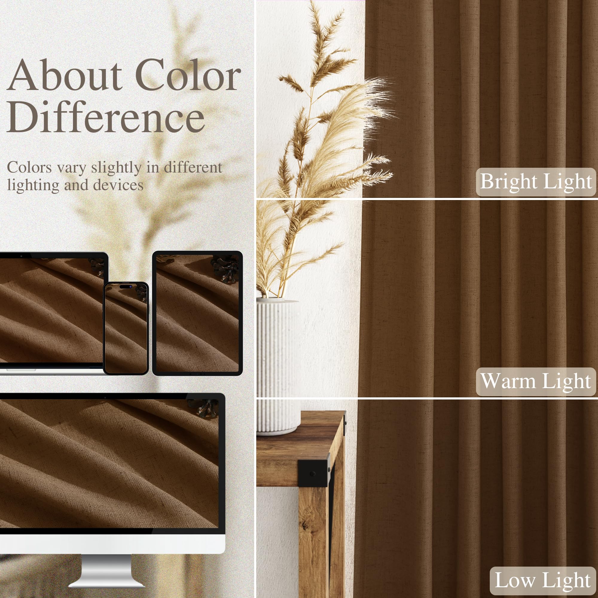 Tobacco Brown Linen Curtains 102 Inches Rod Pocket Back Tab Drapes 2 Panels Set for Living Room Bedroom Light Filtering Semi Sheer Tobacco Brown Curtain 102 Length for Patio Door 52x102