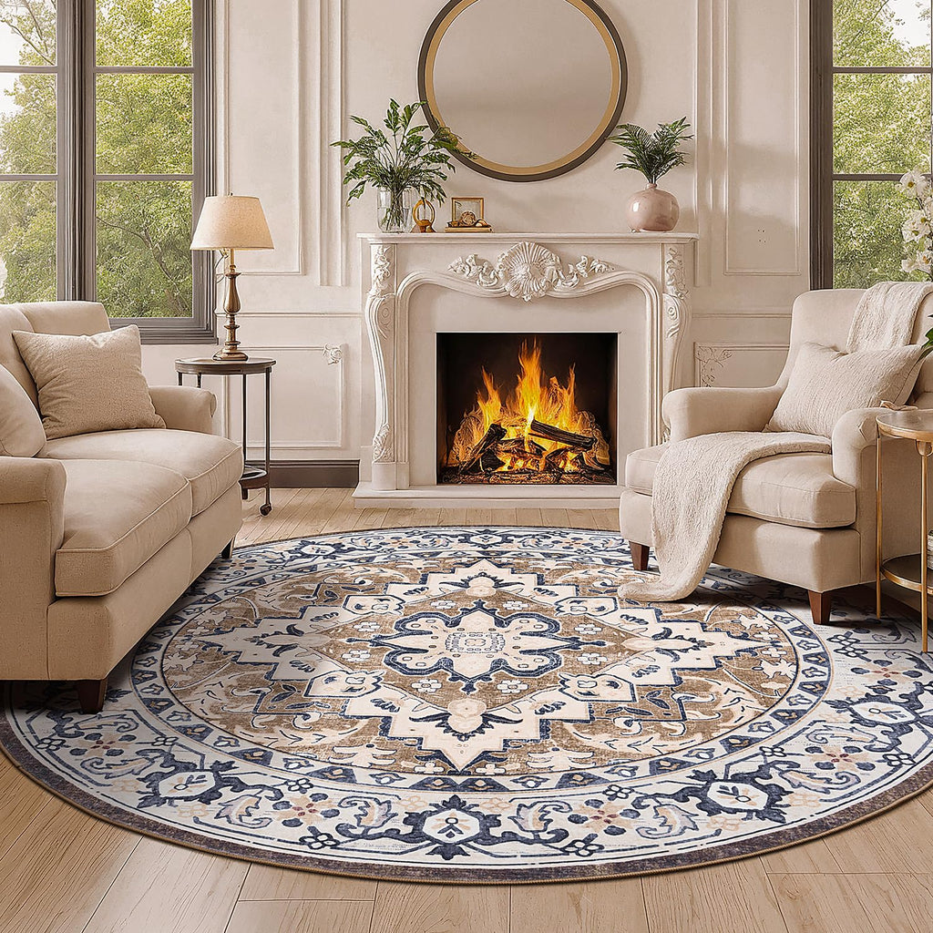Lofus 6ft Round Area Rugs for Living Room, Vintage Boho Carpet Floral Brown