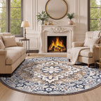Lofus 6ft Round Area Rugs for Living Room, Vintage Boho Carpet Floral Brown