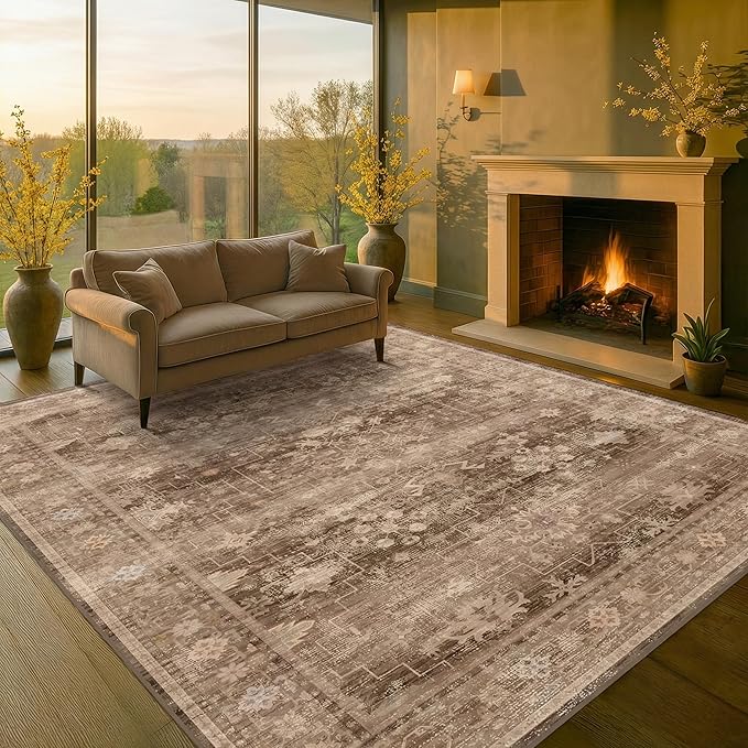 Hazo Haus Brown 9x12 Living Room Rug - Vintage Western Eclectic Unique Neutral Taupe, Washable Low Pile Non-Slip Large Area Rugs for Dining Under Table Bedroom Under Bed