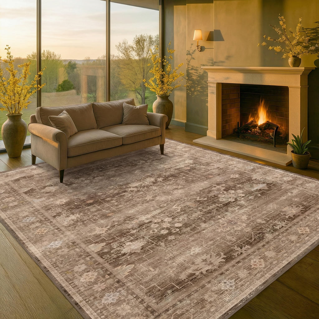 Hazo Haus Boho Taupe Brown Living Room Rug 8x10 - Modern Vintage Traditional Eclectic Oriental Neutral, Washable Low Pile Non-Slip Extra Large Area Rugs for Dining Under Table Bedroom Lounge