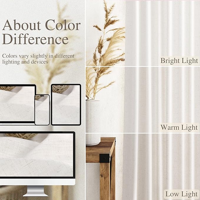 Ivory White Linen Curtains 90 inch for Living Room Back Tab Rod Pocket Semi Sheer Cotton Textured Gauze Curtain Modern Farmhouse Coastal Decor 90 inches for Dining Room Office