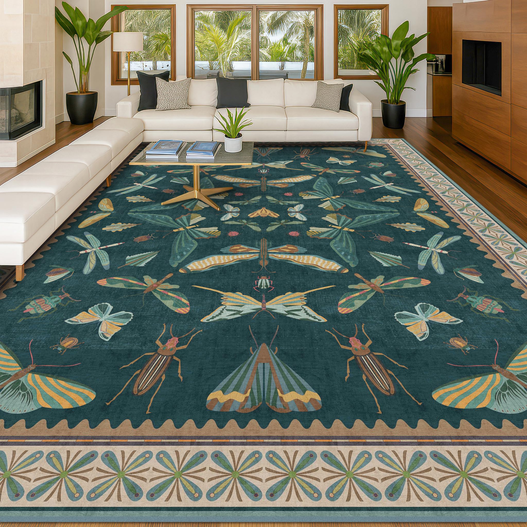 Hazo Haus 9x12 Large Living Room Rug - Dark Teal Multi Dining Room Rugs for Under Table, Bedroom, Kids Room, Classroom, Insect Butterfly Floral Décor, Lightweight Non Slip Low Pile