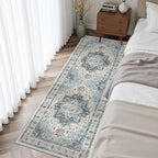Madane Blue Runner Rug, 2x5, Low-Pile, Non-Slip, Washable, Stain Resistant, Retro, Machine-Made, Microfiber, Floral, Kitchen, Living Room, Bedroom, Laundry Room