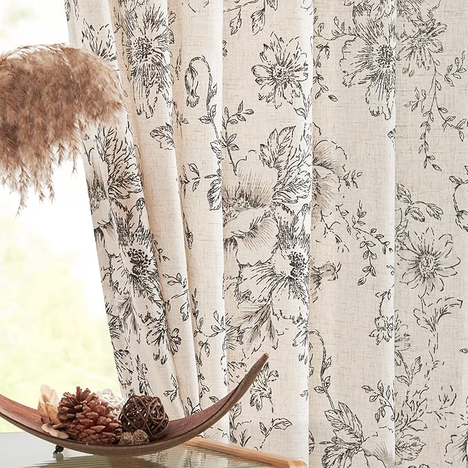 jinchan Vintage Floral Linen Curtains 102 Long for Living Room 2 Panels