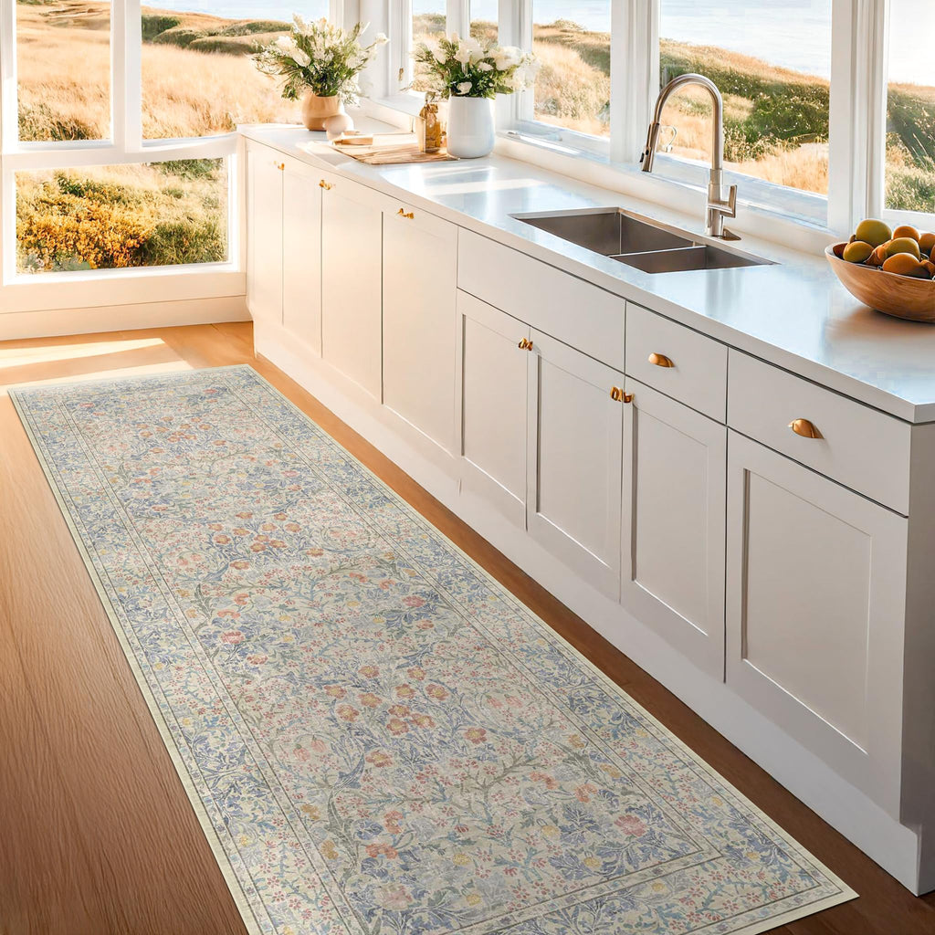 Vintage Beige Blue 2'6" x 8' Runner Rug for Hallway, Kitchen, Bathroom, Entryway Indoor, Washable Non Slip Rubber Backing Stain Resistant - Botanical Home Decor
