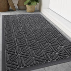 Smiry Front Door Mat Outside Entrance, Heavy Duty Sturdy Natural Rubber Doormat, Trap Dirt and Moisture, Easy Clean Low Profile Mats for Indoor Outdoor Entry, Grid Geometric (59x34, Grey)