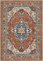 Area Rugs Round 8ft Washable Non-Slip, Floral Vintage Distress Print Pattern Medallion Carpet for Living Room Bedroom Dining Room, Red Orange Blue Brown