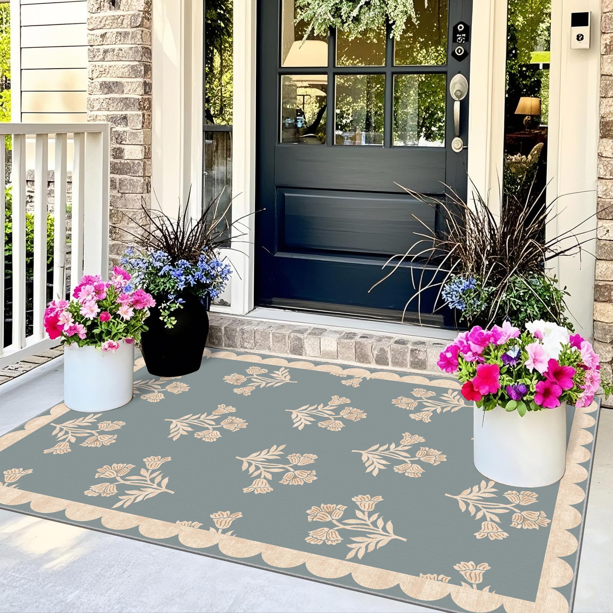 Othilic 3x5 Floral Entry Rug - Small Washable Indoor Outdoor Mats for Front Door Non-Slip Porch Rug Blue Boho Farmhouse Scalloped Throw Rugs for Living Room Bedroom Entryway Kitchen Office Porch Decor