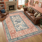 GarveeHome Terracotta Teal Washable 5x7 Area Rugs, Botanical Grove Vintage Cottage core Non-Slip Rug for Bedroom Living Room Nursery Kitchen Low-Pile Retro Carpet