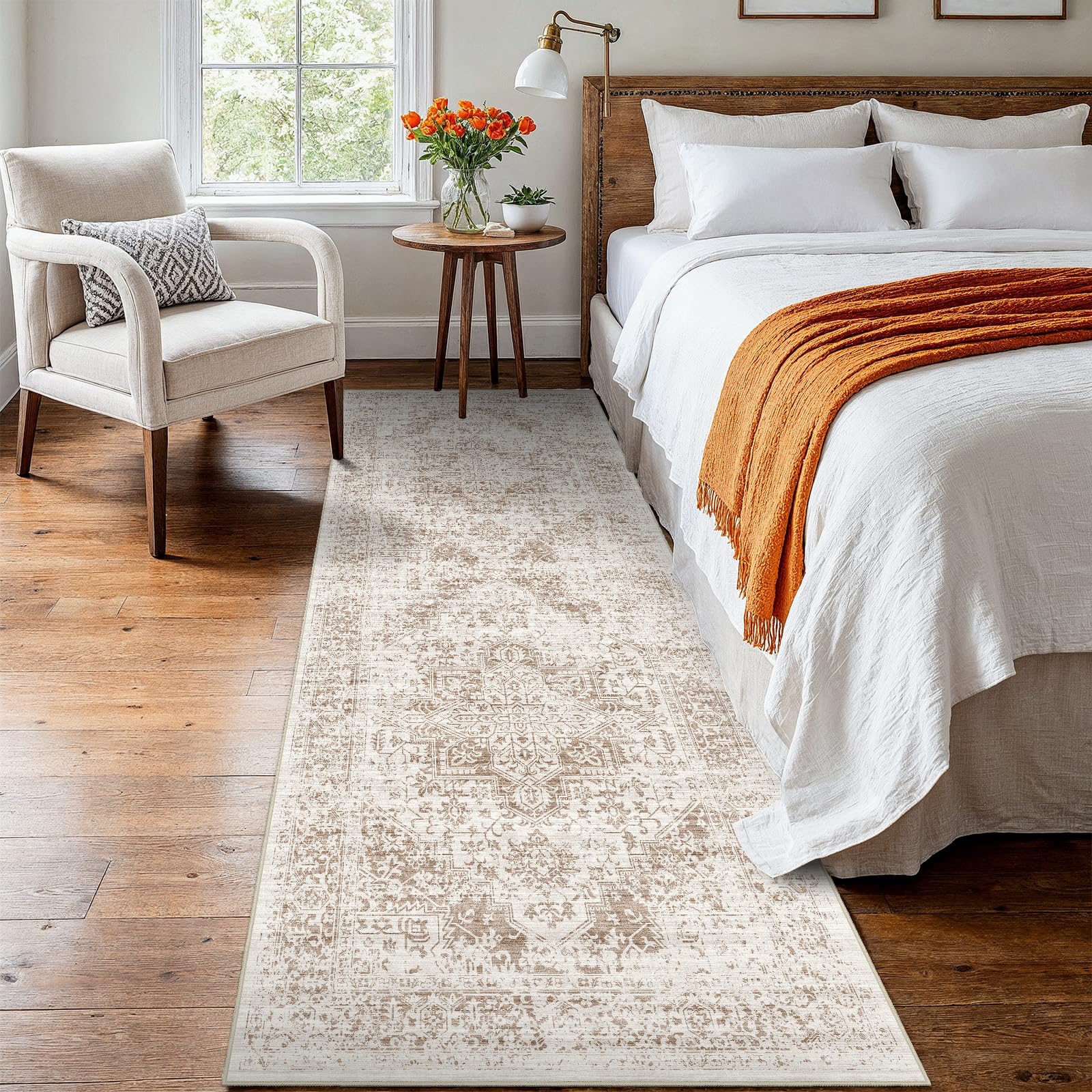 2x8 Washable Runner Rug: Vintage Medallion Kitchen Soft Rugs IvoryBeige