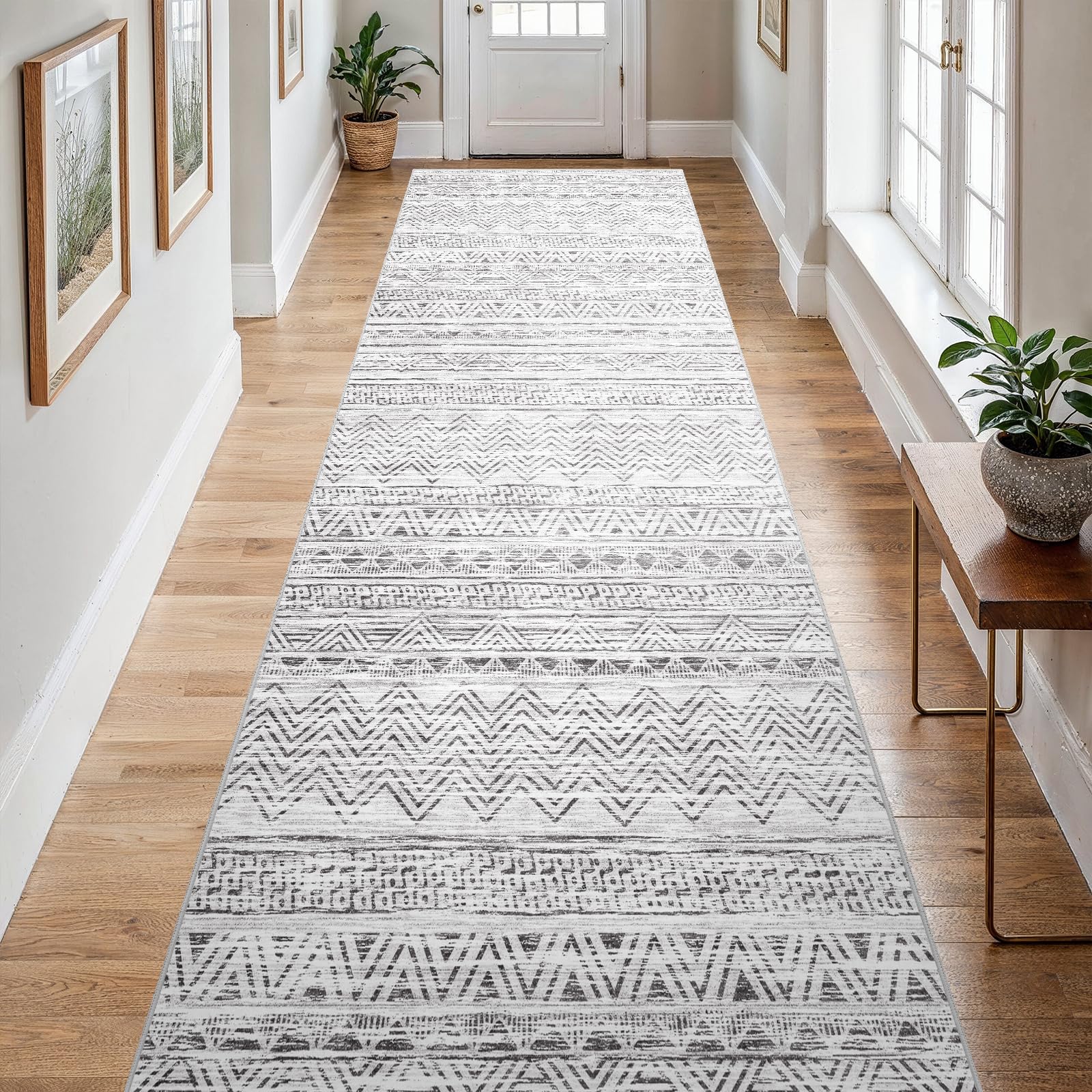 Ksrau 4x12 Runner Rug Washable Moroccan: Non Slip Hallway Floor Mat Grey