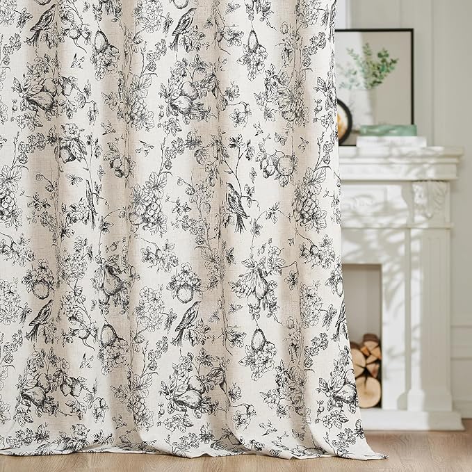 jinchan Linen Floral Curtains for Living Room 63 Inch Length Black Printed Flower Light Filtering French Country Curtain Farmhouse Cottage Core Toile Curtains Back Tab Window Drapes Set 2 Panels
