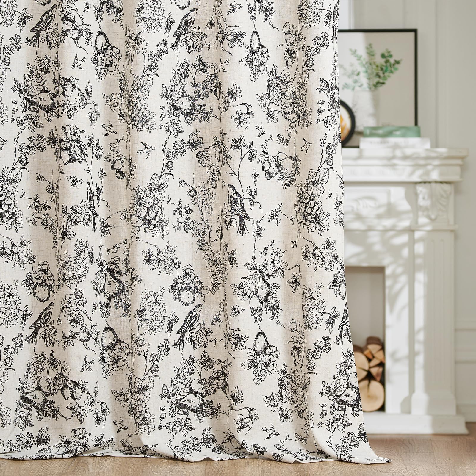 jinchan Black Floral Linen Curtains 63 Inch Vintage Back Tab 2 Panels