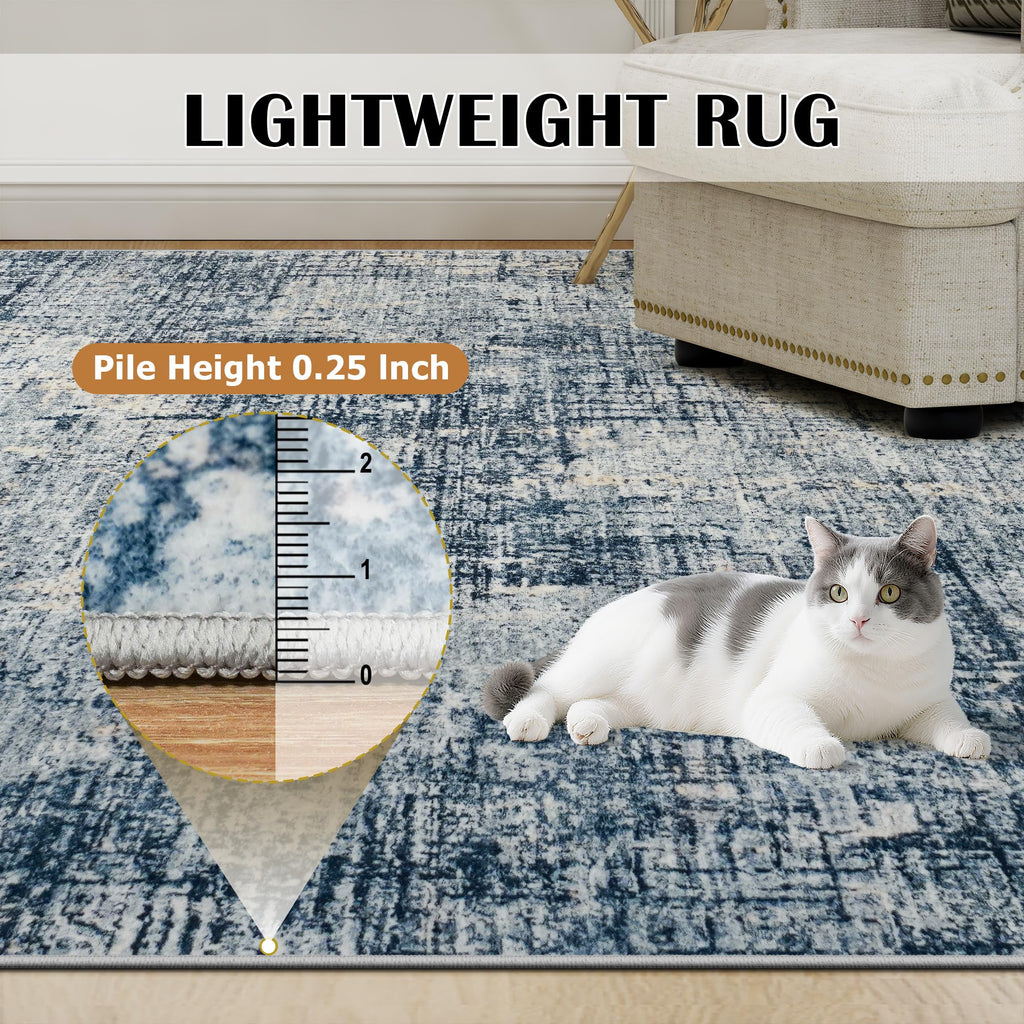 10x14 Washable Area Rug for Living Room Bedroom: Non-Slip Modern Blue Gold