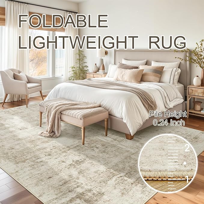 9x12 Area Rug for Living Room, Abstract Non Slip Machine Washable Vintage Carpets, Low Pile Lightweight Large Rug for Bedroom, Dining Room, Home Office Beige Gray