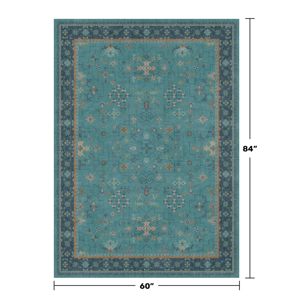 5x7 Teal Rug for Living Room, Boho Turquoise Rugs for Bedroom, Modern Eclectic Low-Pile Carpet for Dining Table, Washable Non-Slip with Rubber Back