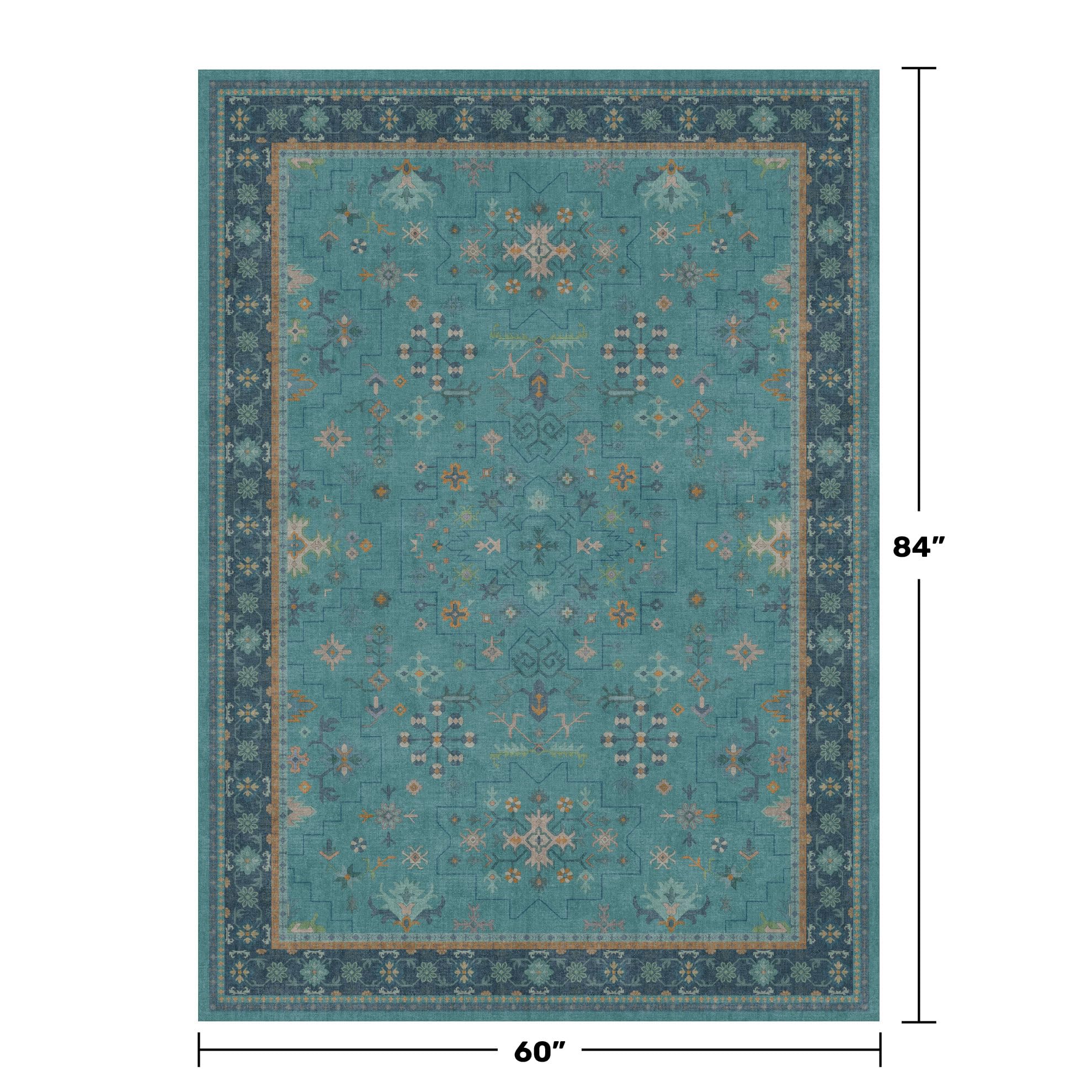 5x7 Teal Rug for Living Room, Boho Turquoise Rugs for Bedroom, Modern Eclectic Low-Pile Carpet for Dining Table, Washable Non-Slip with Rubber Back