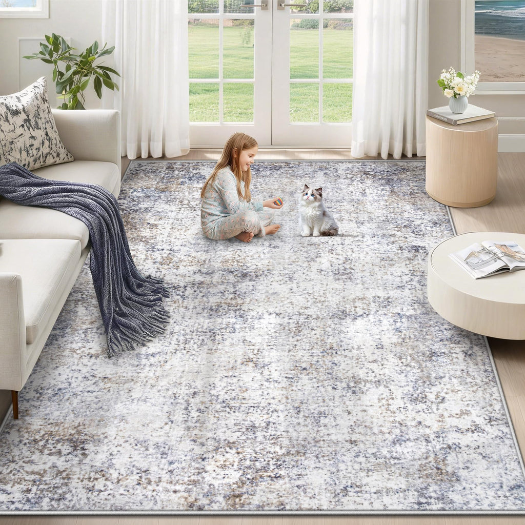 XLUEZ 5x7 Area Rugs for Living Room, Washable Modern Abstract Large Area Rug Neutral Soft Non Slip Kids Rug Stain Resistant Indoor Carpet for Bedroom Nursery Dining Room Playroom(Bluegrey, 5'x7')