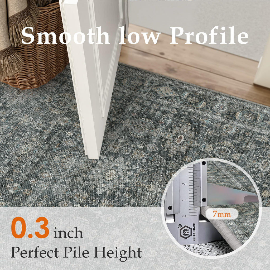 WondRg 6x9 Washable Area Rug for Living Room Bedroom Vintage Black Grey Carpet Soft Low Pile Traditional Retro Non Slip Throw Rug for Dining Room Entryway Indoor Dorm Kitchen