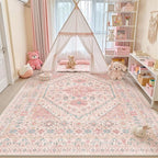 zesthome 9x12 Area Rugs for Girls Bedroom, Low Pile Machine Washable Rugs, Vintage Large Pink Rugs, Stain Resistant Nursery Room Rug, Baby Crawling Rug (Pink/Blue,9'x12')