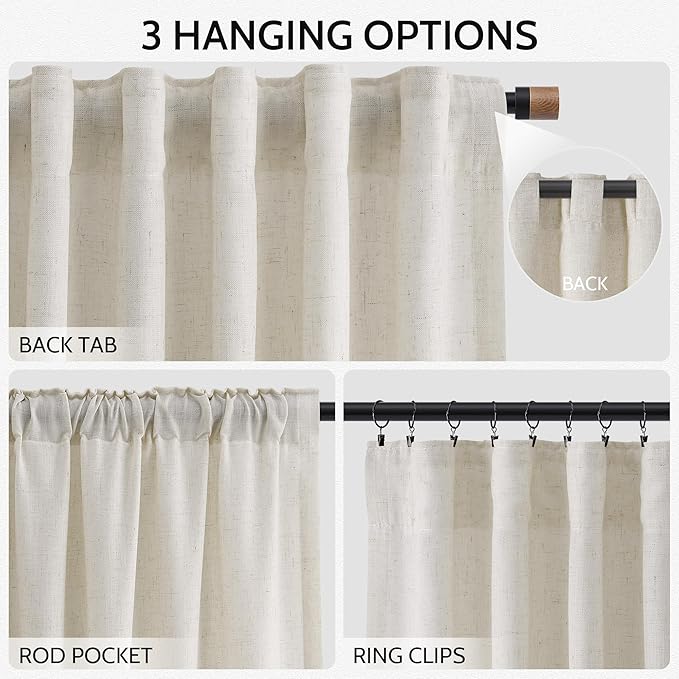 Nanspring Mousse White Curtains 90 Inches Long for Living Room Linen Light Filtering Semi Sheer Curtain Back Tab Rod Pocket Simple Modern Elegant Coastal Decor Drapes for Bedroom 52x90, 2 Panels