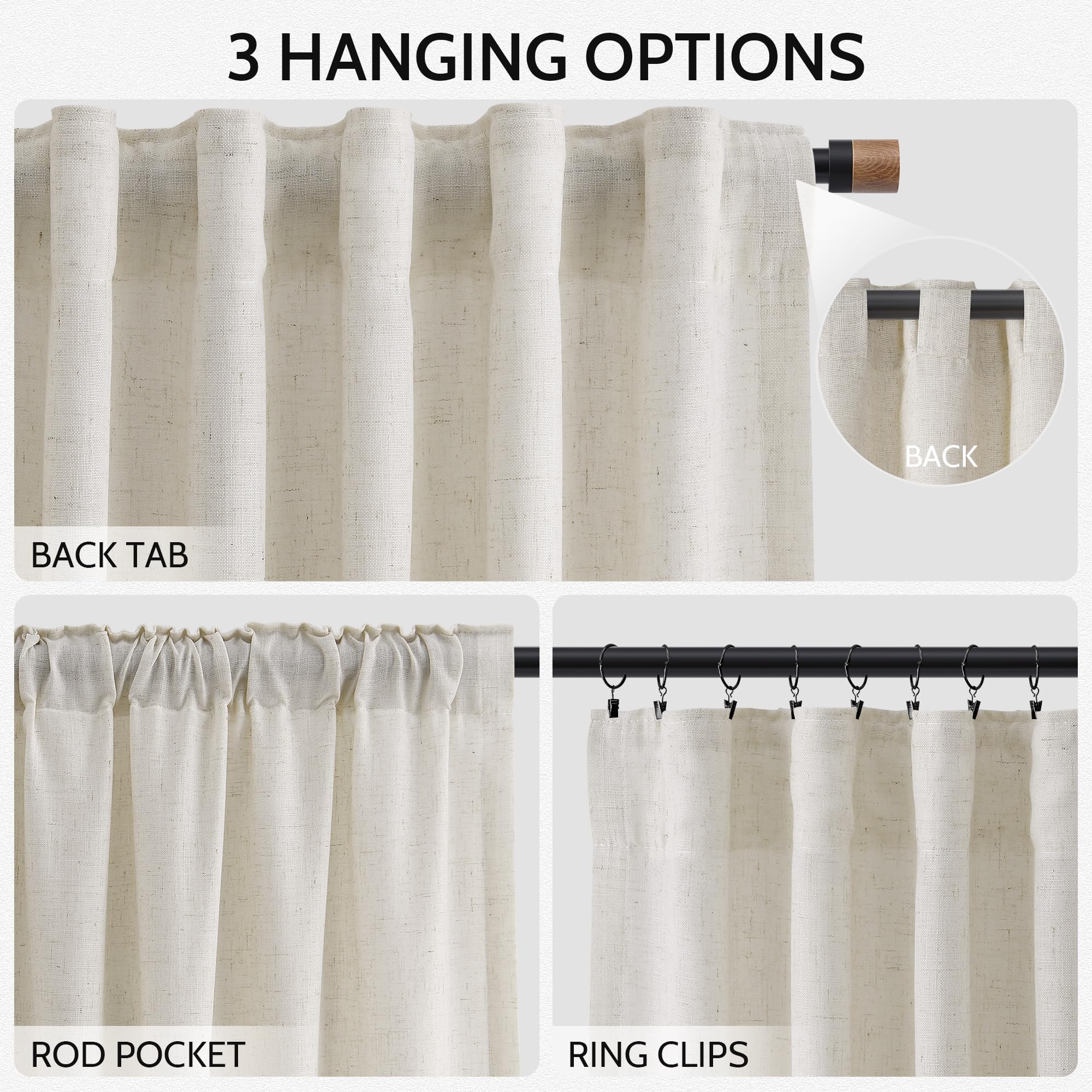 Nanspring Mousse White Linen Curtains for Living Room 108 Inches Long Simple Modern Light Filtering Semi Sheer Curtain Back Tab Coastal Decor Floor to Ceiling High Window for Bedroom 52x108, 2 Panels