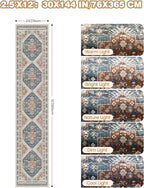 Carpet Runners for Hallway 12ft, Non-Slip Long Bathroom Rugs Runner for Kitchen, Living Room, Soft Vintage Washable Rug for Entryway, Thin Floor Mat for Dining Room(Blue/Red,2.5'x12')