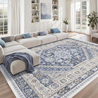 zesthome 8x10 Area Rugs for Living Room,Non-Slip Backing Washable Rugs,Vintage Large Area Rug,Stain Resistant Home Decor Rug (Blue/Beige,8'x10')