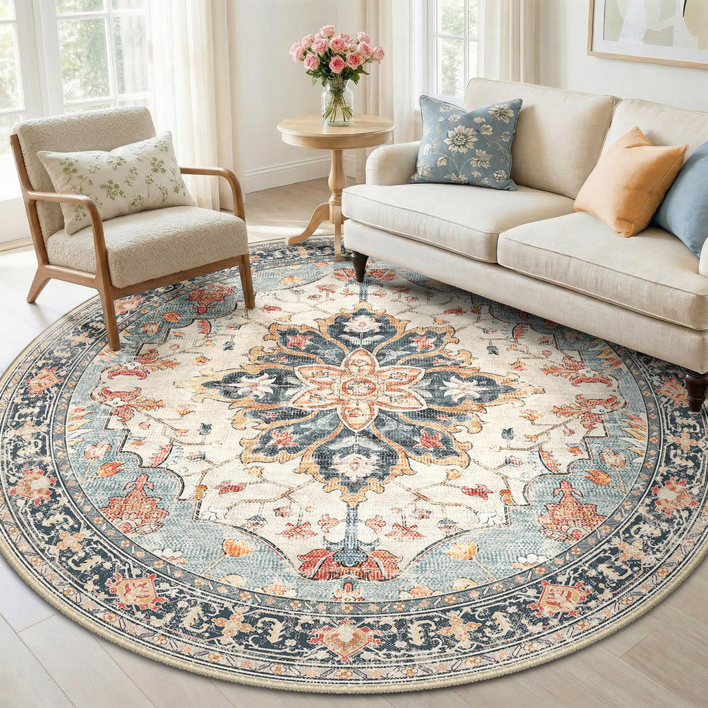 RELEANY Washable Area Rug, Round 6ft, Beige/Blue/Orange