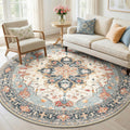 RELEANY Washable Area Rug, Round 6ft, Beige/Blue/Orange