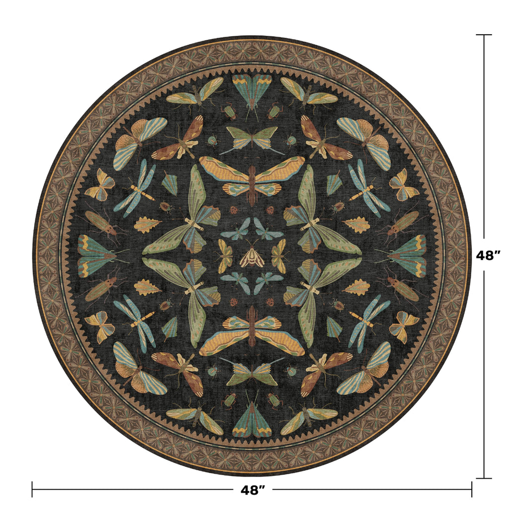 Black Boho 4ft Round Small Rugs for Entryway Non Slip - Washable Insect & Floral Rug for Living Room, Kitchen, Low Pile Soft Stain Resistant Carpet, Vintage Indoor Décor