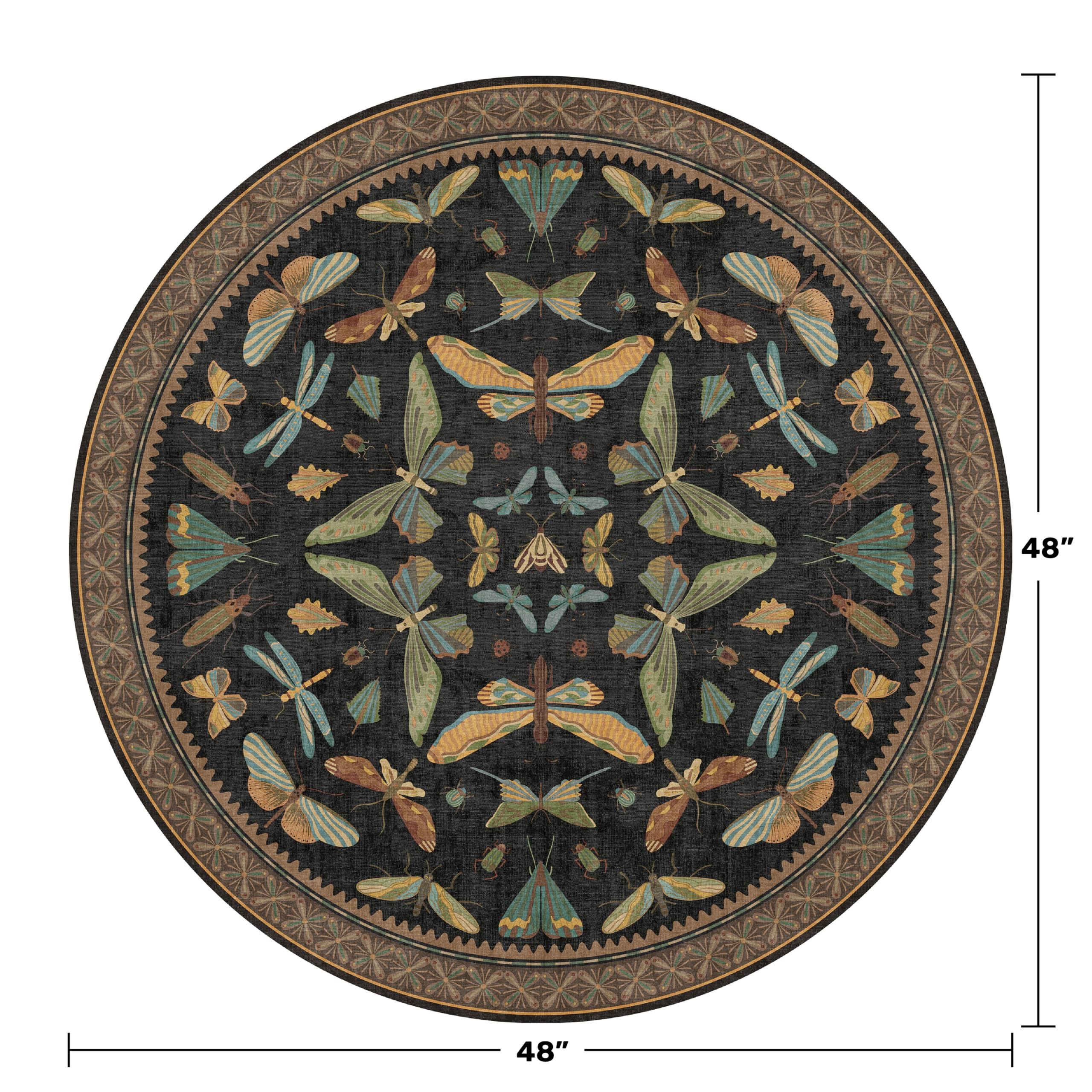 Black Boho 4ft Round Small Rugs for Entryway Non Slip - Washable Insect & Floral Rug for Living Room, Kitchen, Low Pile Soft Stain Resistant Carpet, Vintage Indoor Décor