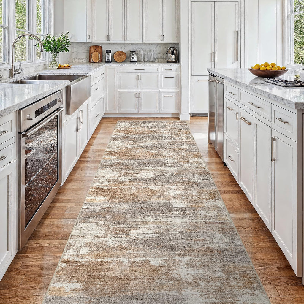 3x15 Runner Rug Washable Abstract: Non Slip Hallway Floor Mat Brown/Brick