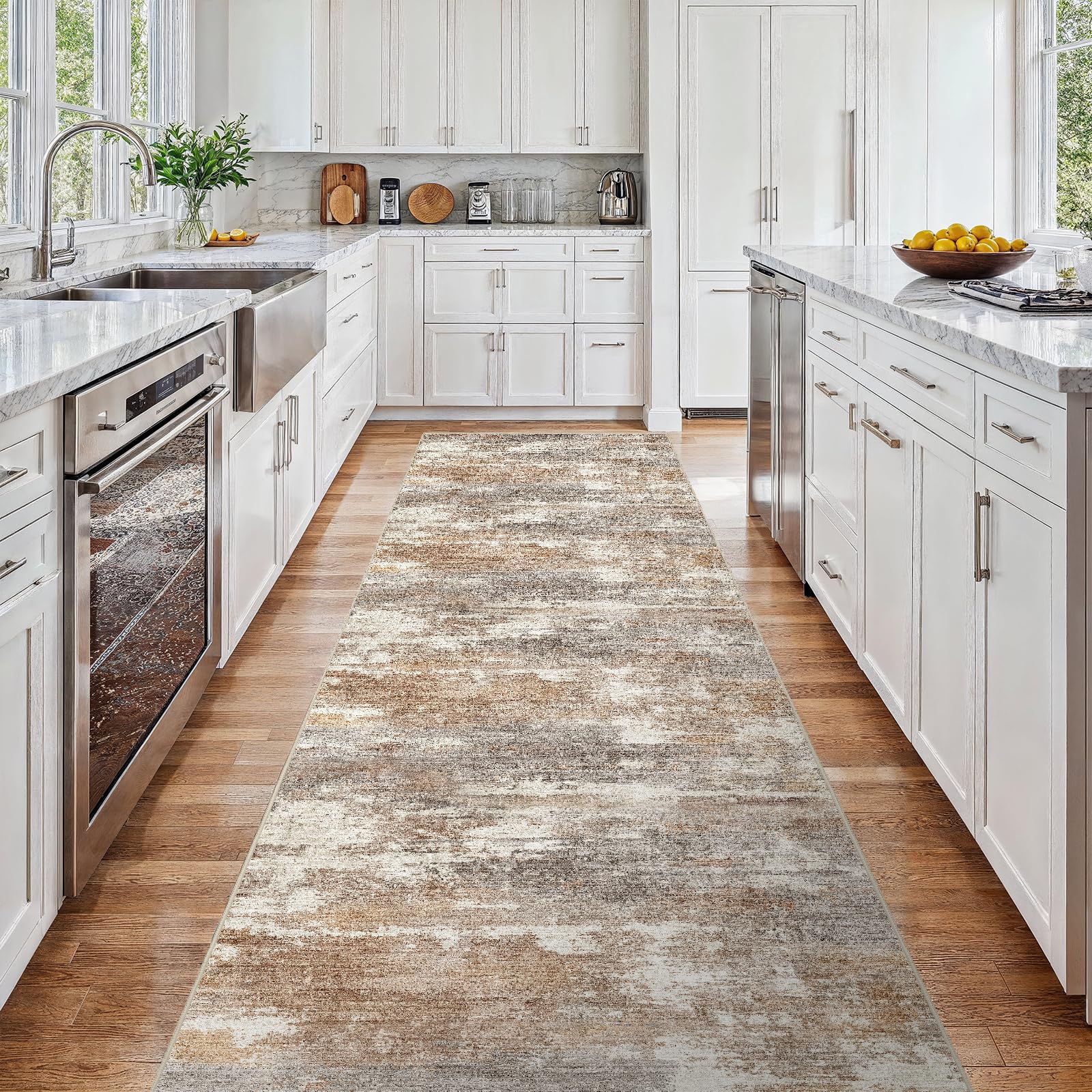 3x15 Runner Rug Washable Abstract: Non Slip Hallway Floor Mat Brown/Brick