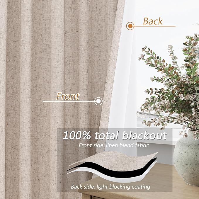 Guken Oatmeal 100% Blackout Curtains 90 Inch Length 2 Panels Set for Living Room Bedroom Back Tab Thermal Insulated Black Out Linen Drapes Room Darkening Window Curtains 90 Inches Long