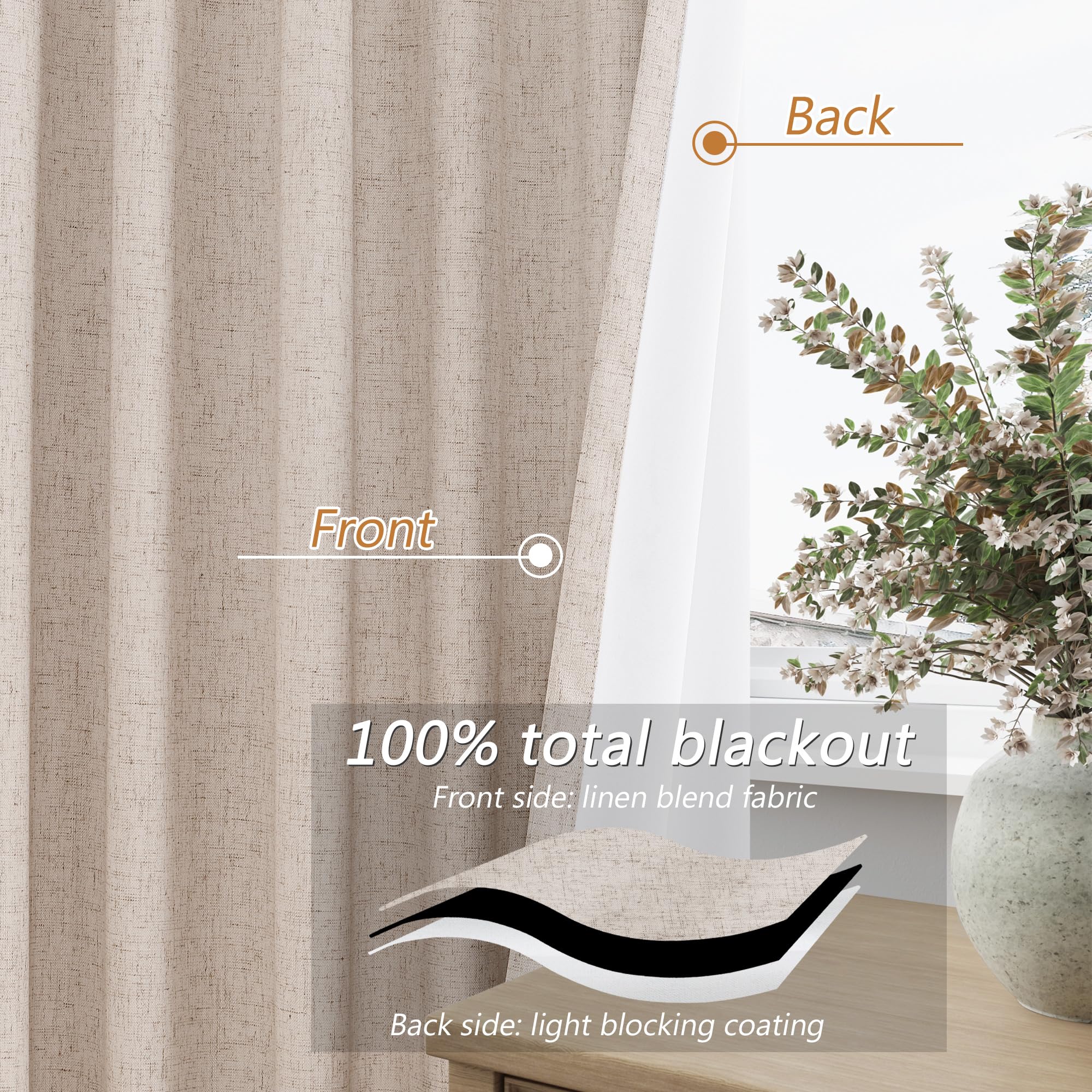 Guken Oatmeal 100% Blackout Curtains 108 Inch Length 2 Panels Set for Living Room Bedroom Back Tab Thermal Insulated Black Out Linen Drapes Room Darkening Window Curtains 108 Inches Long