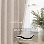 Guken Oatmeal 100% Blackout Curtains 90 Inch Length 2 Panels Set for Living Room Bedroom Back Tab Thermal Insulated Black Out Linen Drapes Room Darkening Window Curtains 90 Inches Long