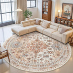 zesthome 9ft Round Rugs for Living Room, Non-Slip Washable Round Area Rugs, Ultra-Thin Large Circle Rugs, Soft Low Pile Rug for Bedroom, Kitchen - Vintage Stain Resistant Round Rug (Orange,9'x9')